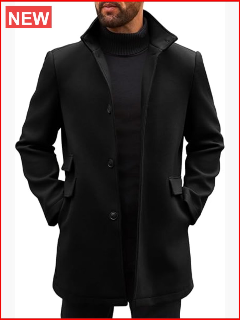 Mens Pea Coats Single Breasted Stand Collar Slim Fit Mid Long Winter Overcoat